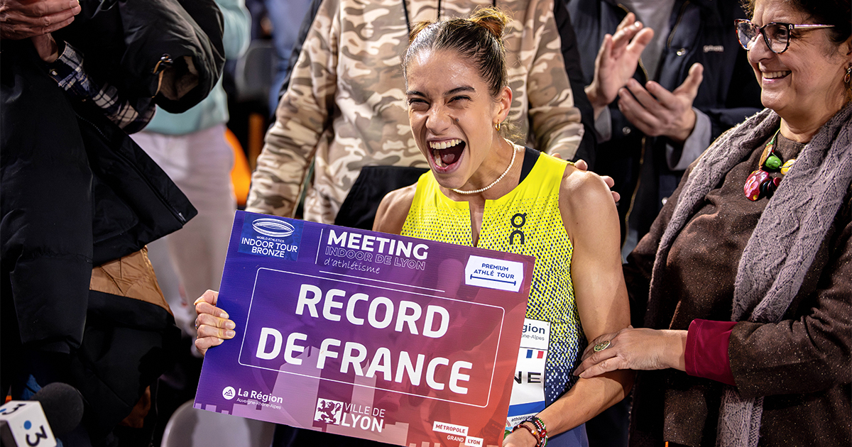 Meeting Indoor de Lyon Record de France du 5000 m pour Sarah Madeleine athlétisme résultats 2026 Prestation majuscule de Sarah Madeleine qui s'est emparée du record de France du 5000 m en 15'03"76 au Meeting Indoor de Lyon ce samedi.